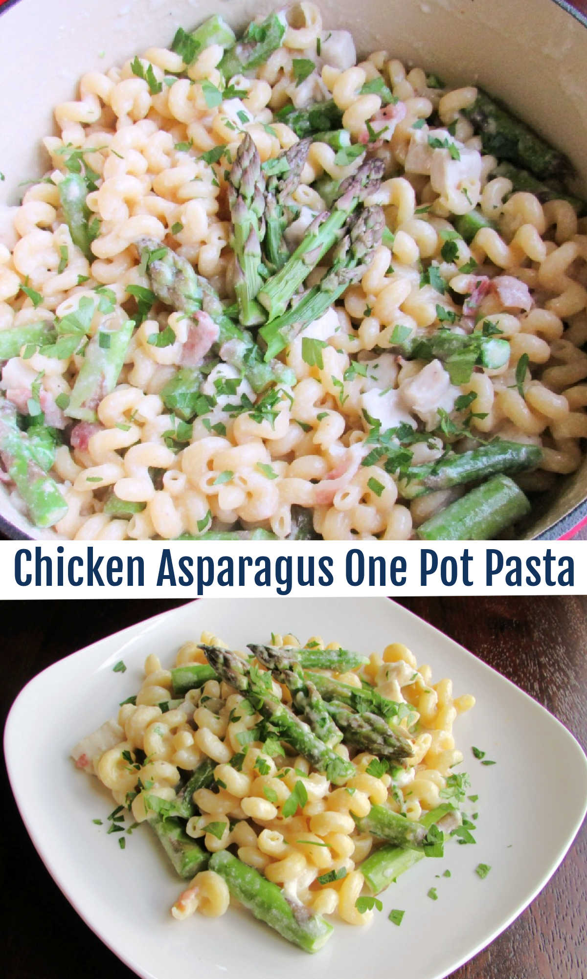 This complete dinner comes together in one pot in under a half hour! Chicken, bacon, and asparagus in a creamy pasta with almost no dishes to do!