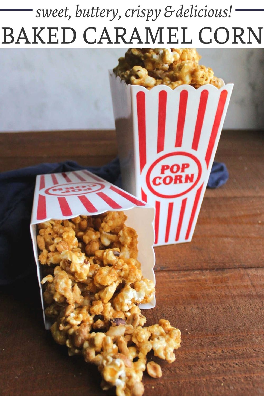 This recipe makes the perfect crunchy, buttery caramel corn.  Popcorn and peanuts are coated in a simple brown sugar caramel and baked until crispy. It is perfect for movie night, game night, and more.