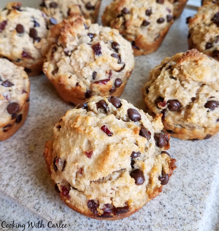 muffins studded with cherries and chocolate chips.