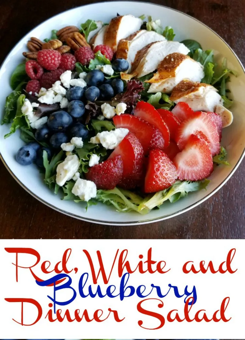 This dinner salad is perfect for Memorial Day, the 4th or July or any day. It is full of berries, cheese, greens, and chicken. There is also a homemade dressing recipe if you’d like!