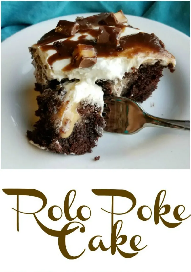 This cake is a chocolate lover’s dream come true. Moist chocolate cake gets even more decadent with caramel or dulce de leche seeping in. A fluffy frosting provides a nice buffer between that and chopped Rolo candies and a drizzle of fudge. It all comes together as a bit of heaven in every bite!