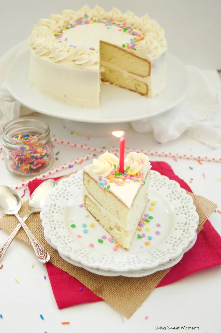 layered birthday cake with frosting and sprinkles