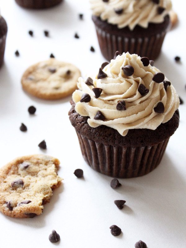 cupcakes topped with cookie dough frosting and mini chocolate chips