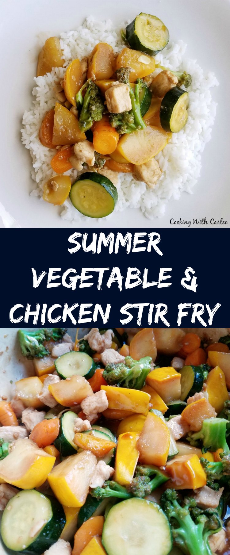 Summer vegetables and chicken are quickly cooked until tender crisp and then coated in a delicious stir fry sauce.  Dinner is ready by the time the rice is done cooking!