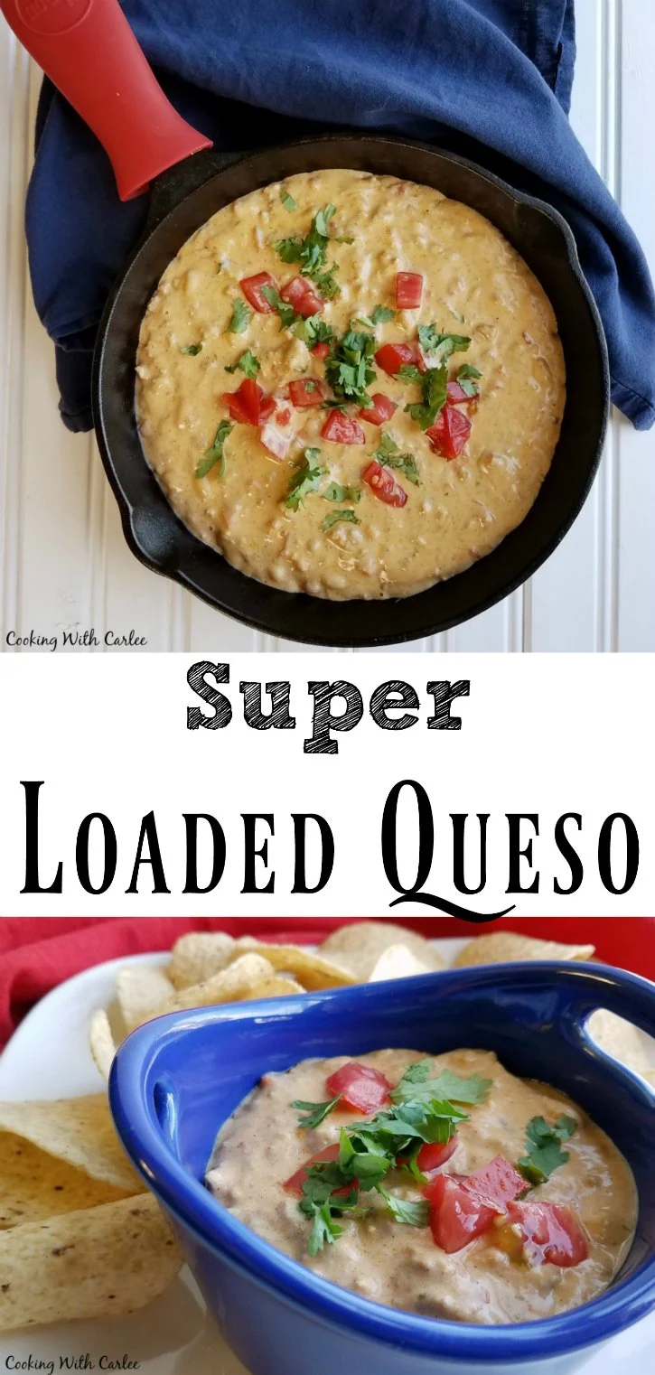 This super loaded queso is creamy, cheesy and loaded with meat, beans and flavor! It is perfect for tailgating, watching the game at home or family game night!