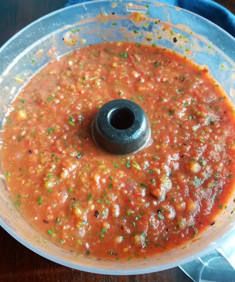food processor full of fresh roasted salsa.