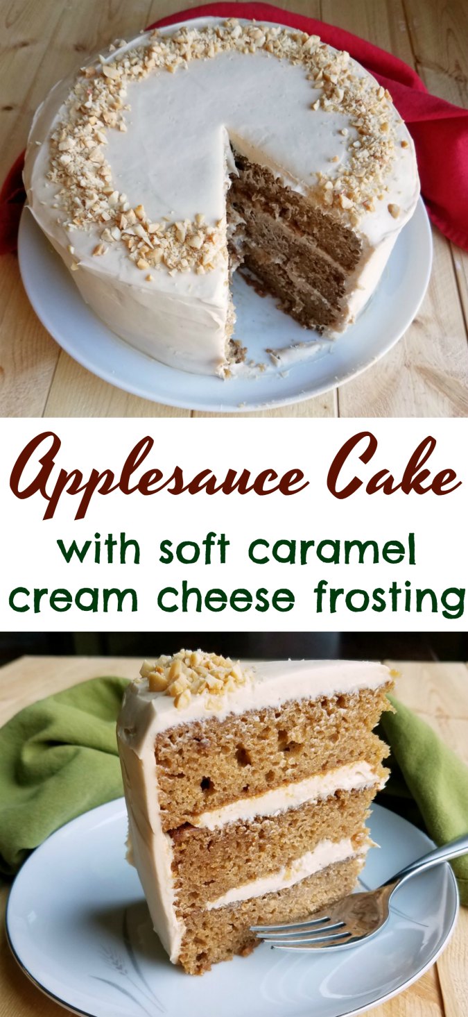 Slightly spiced and super moist applesauce cake goes perfectly with a soft and luscious cream cheese and caramel frosting.  This is the stuff fall dreams are made of!