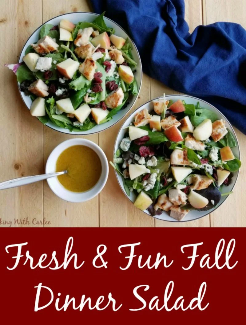 The crunch of fresh apples, the sweetness of dried cranberries, savory chicken and cheese, and fresh greens come together in this great salad that helps bridge the seasons when you still want something light but fall flavors are calling your name! The homemade dressing is perfect for all kinds of salads as well!