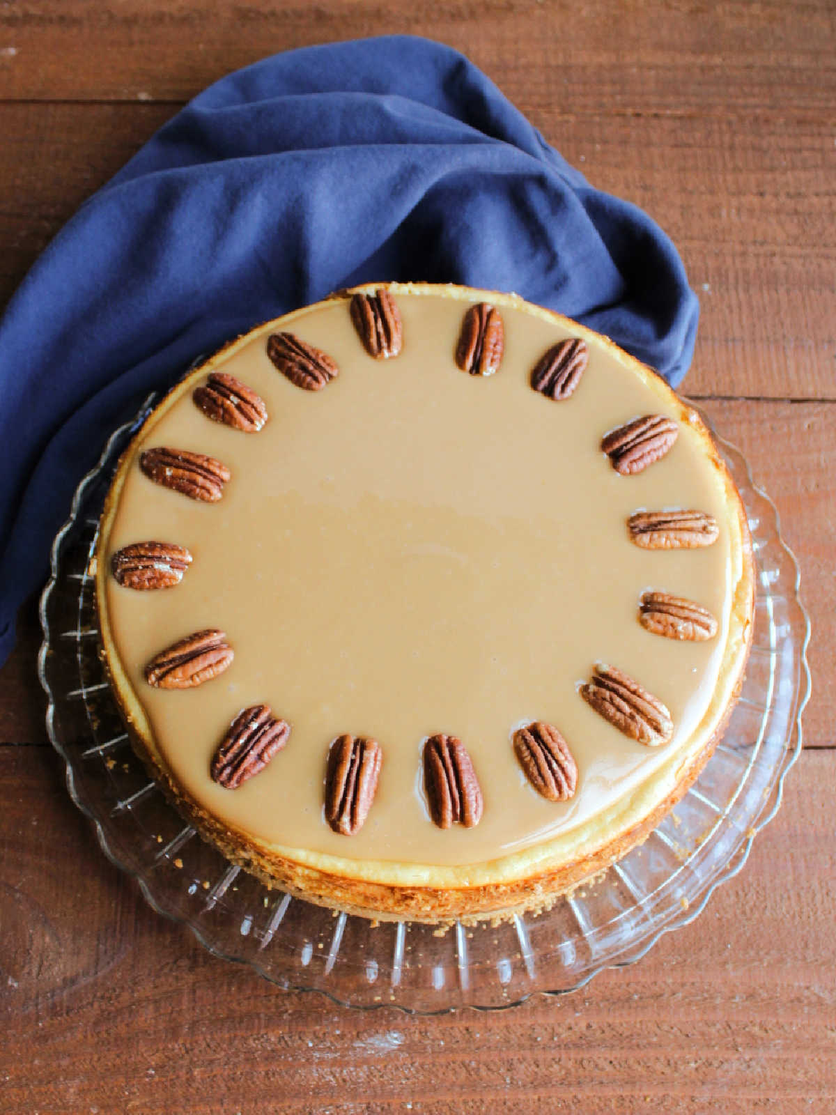 Cheesecake topped with caramel layer and pecan halves. 