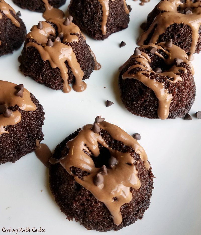 close up of mini chocolate bundt cakes with chocolate drizzle and mini chips.