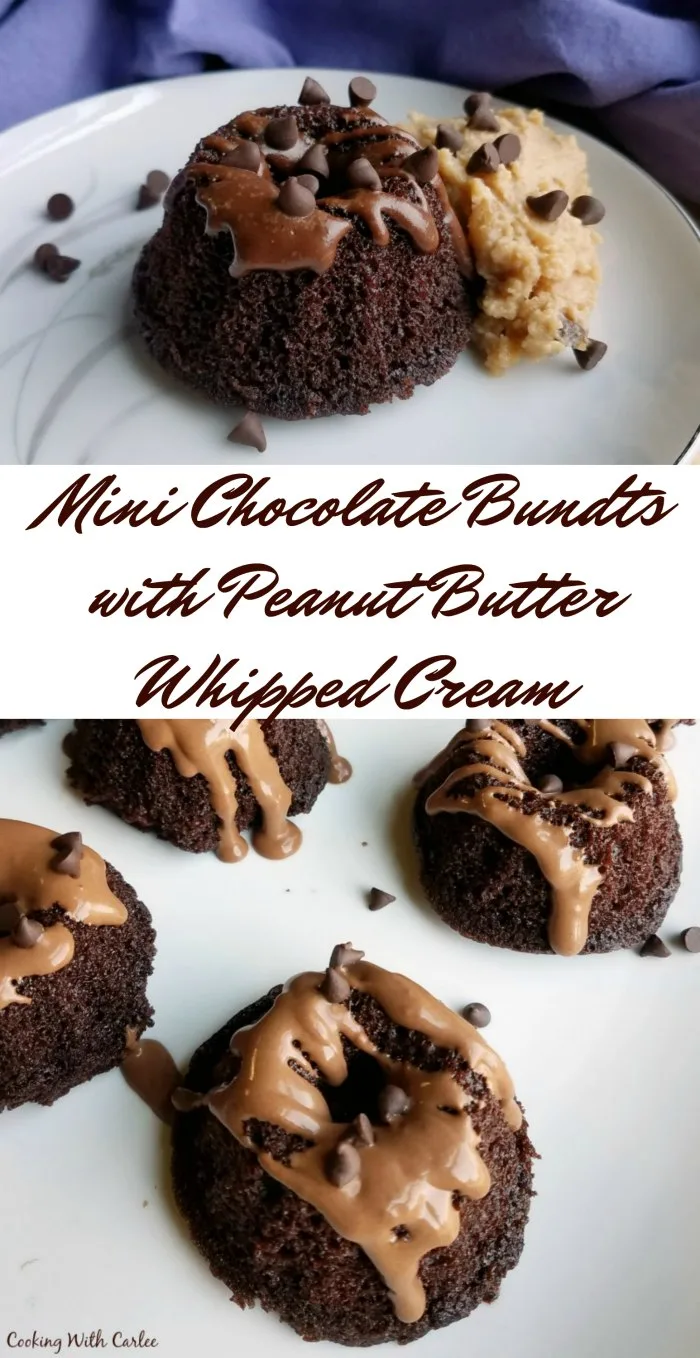 These mini chocolate cakes are moist and delicious. They are the perfect single serve size to quench that sweet tooth craving. Add a dollop of peanut butter whipped cream to take them to the next level. The best part is the batter is from scratch and comes together in just a few minutes.