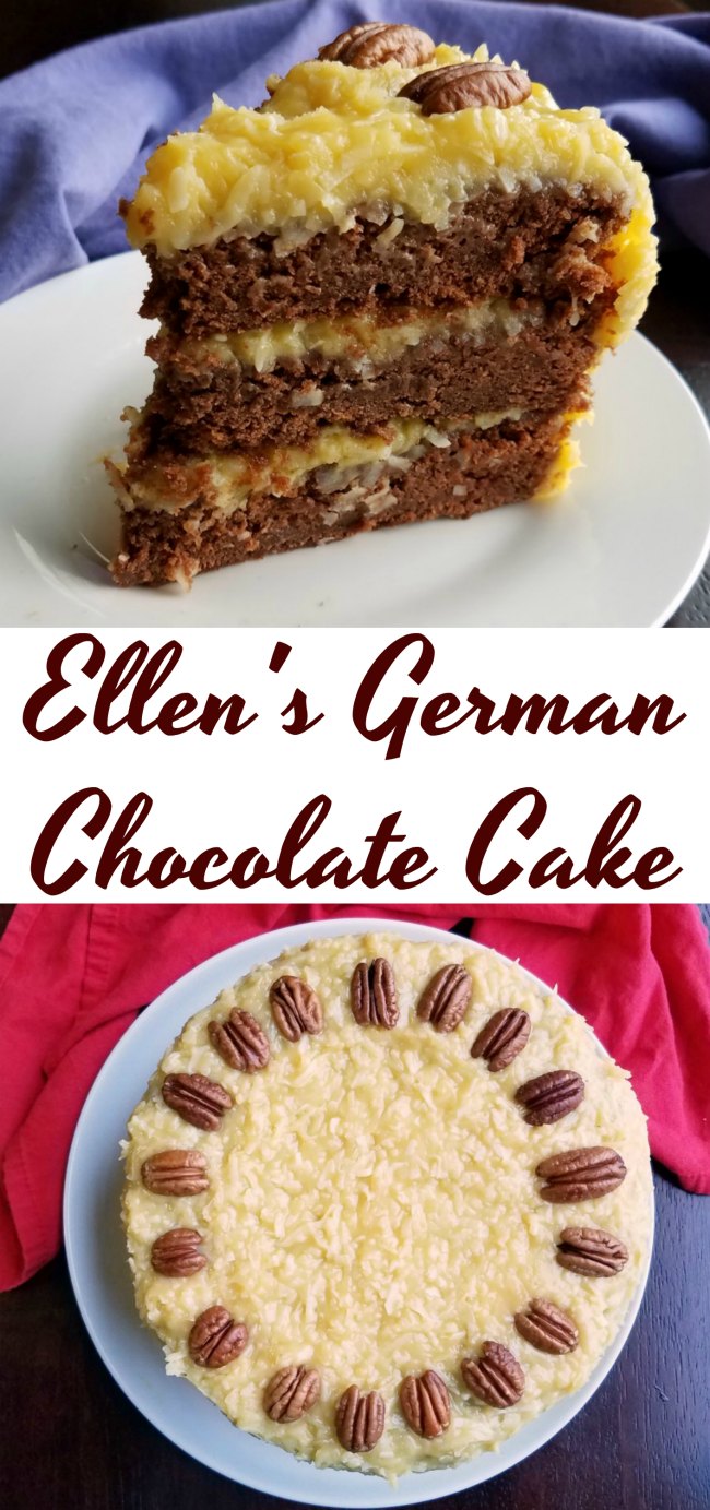 The German Chocolate Cake has all of the coconut and chocolate goodness you'd expect. It is a show stopper perfect for a party!