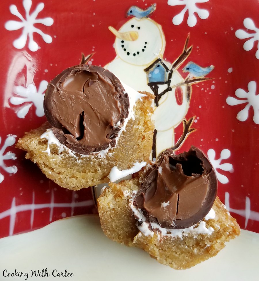 close up of inside of s'mores cookie cups with bite missing.