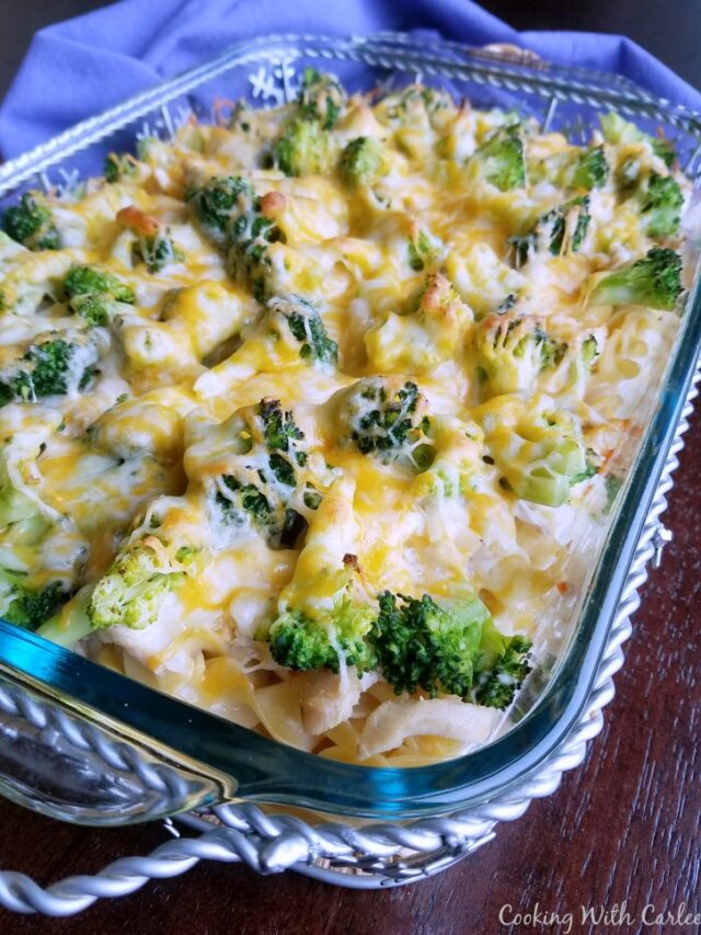 Casserole dish filled with pasta, chicken, broccoli and topped with melted cheese ready to eat.