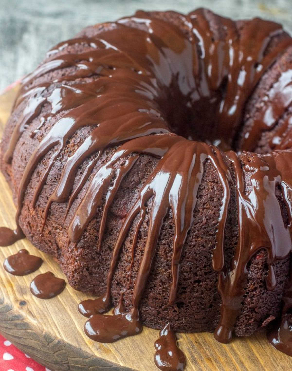 fudgy chocolate glaze over chocolate bundt cake.