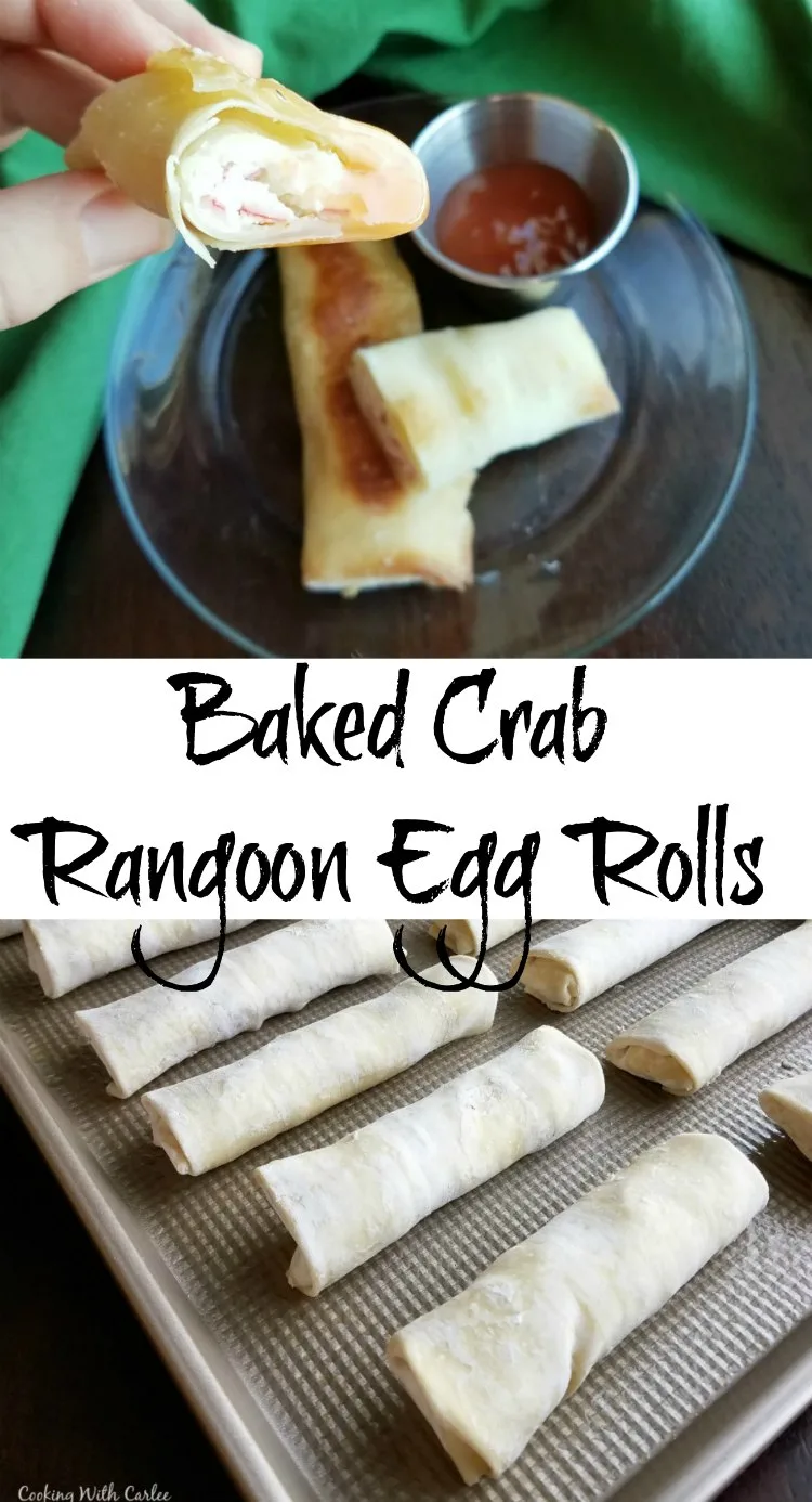 Enjoy the flavor of crab rangoon at home in a fun egg roll package, easily crisped in the oven! They are fun to make and perfect for parties.