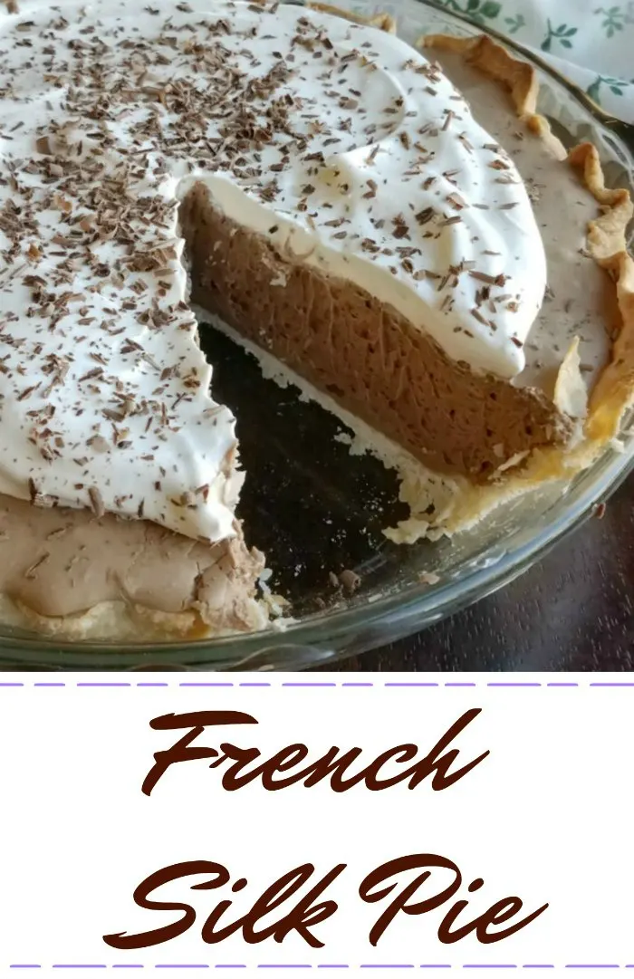 This pie is creamy, luscious, rich and popular every time I make it! Full of chocolaty french silk filling and topped with whipped cream, it is a favorite and so full of memories!