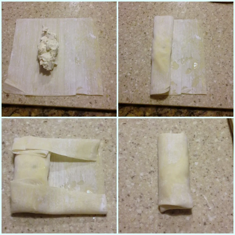 step by step of filing and rolling egg rolls with cream cheese mixture.