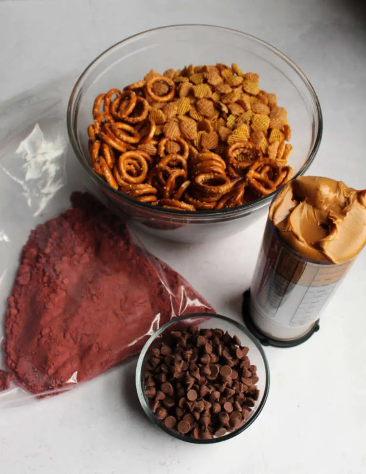 ingredients for red velvet puppy chow
