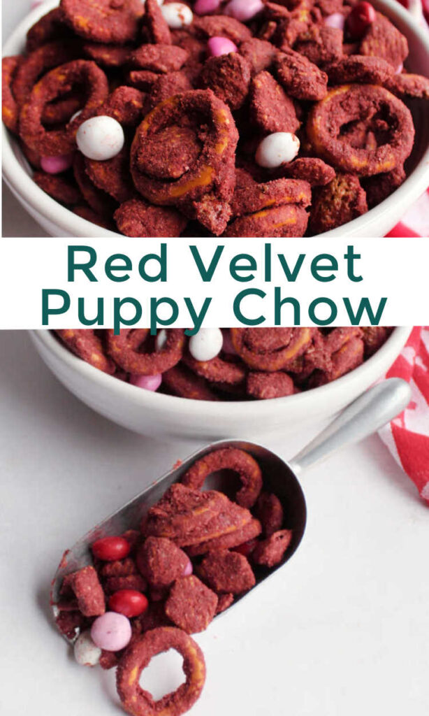 Give that puppy chow treat we all know and love a fun red velvet upgrade. This sweet and salty snack is perfect for Valentine's Day or any day.