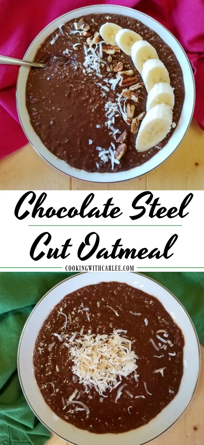 This chocolate steel cut oatmeal is healthy, creamy and delicious.  There is not refined sugar and so much goodness. It is sure to start your day with a smile!