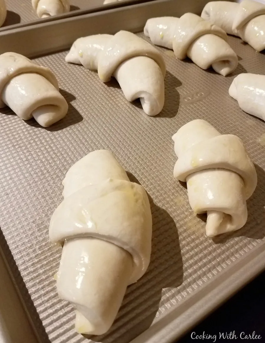 Proofed sourdough crescent rolls brushed with butter and ready to bake.