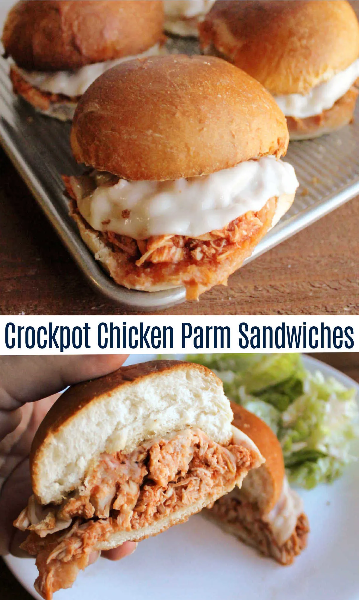 Crockpot chicken Parmesan sandwiches a perfect dinner for busy nights. The chicken cooks in the slow cooker all day so all you have to do is shred it and assemble the sandwiches when you get home.