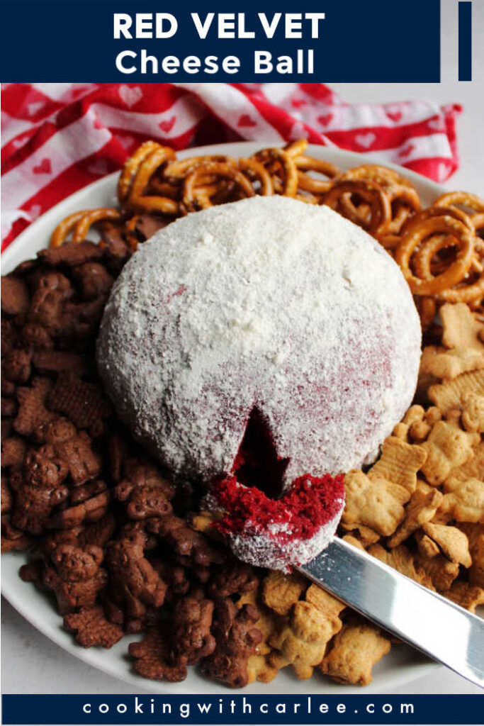 This fun red velvet cheese ball is perfect for a party. It makes a big visual statement and tastes amazing.  Plus it is a great make ahead treat and can be that little something sweet for after a meal. Shape it like a heart for a fun Valentine's Day party offering or as a ball for any day.  It would make a perfect Christmas time treat as well!