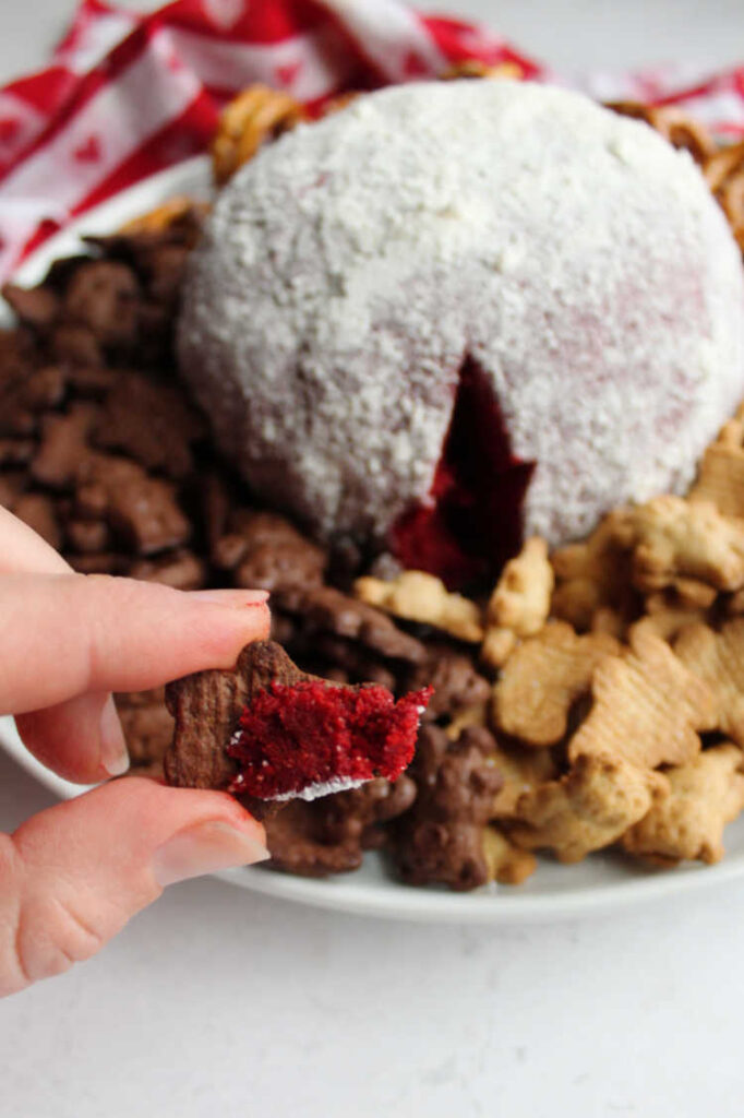 chocolate teddy graham with red velvet cheese ball on it