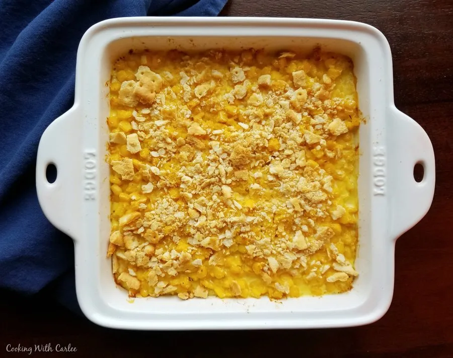 square casserole dish of scalloped corn fresh from the oven.