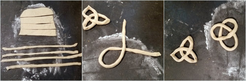 Collage of imaged showing how to form the bread dough into celtic knot rolls. 