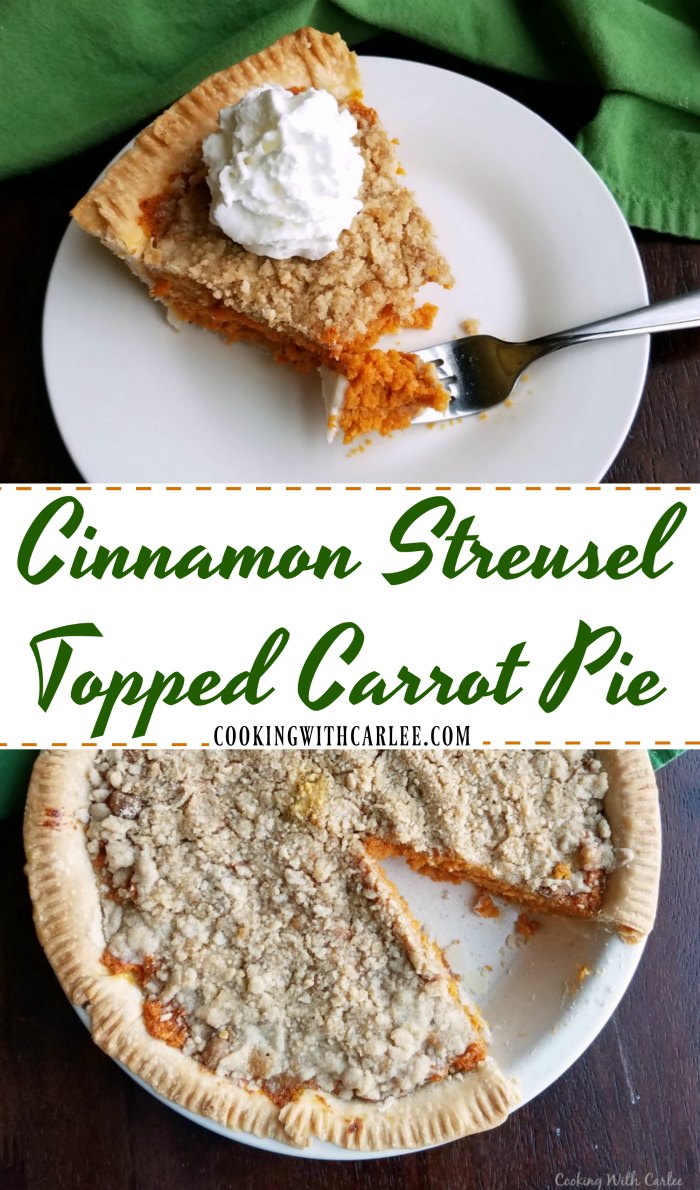 A sweet pie filled with carrot goodness and topped with cinnamon streusel. It's perfect for Easter, Thanksgiving or just because!