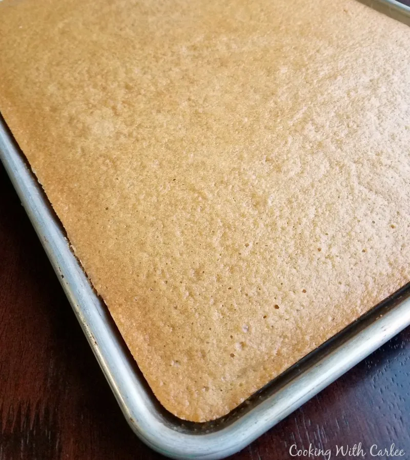 peanut butter sheet cake fresh from the oven.