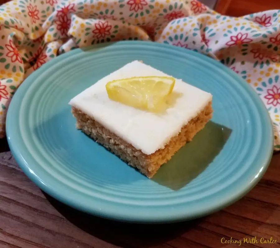 served piece of sweet tea and lemon Texas sheet cake