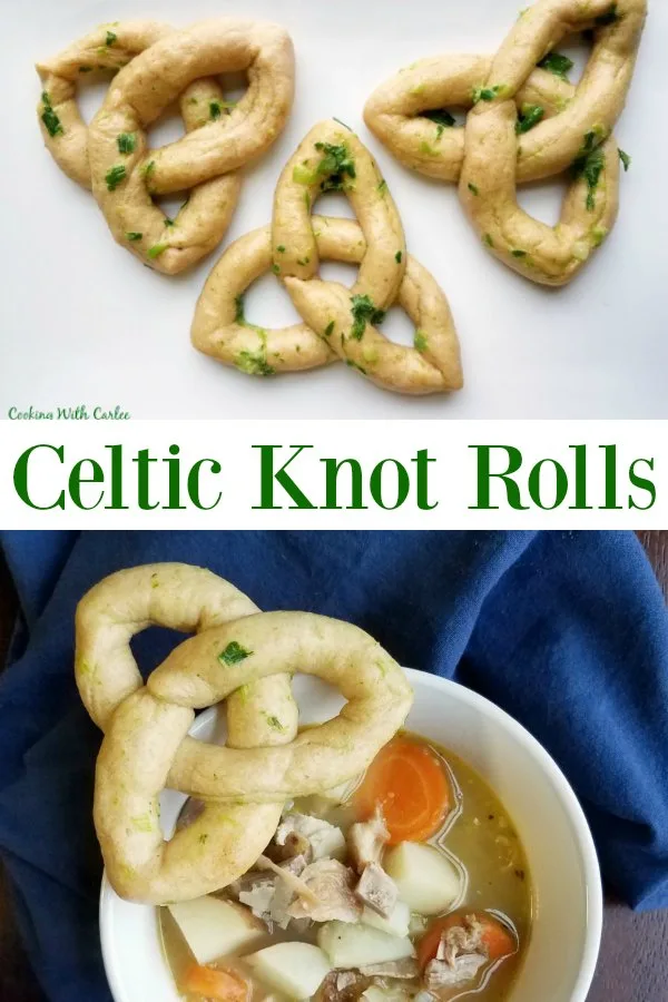 These Celtic knot rolls are easier to make than you'd think.  They are soft and brushed in a tasty herb butter to give them that kiss o' green.  They are perfect with a bowl of soup or stew, or serve them with your corned beef and cabbage.  You'll find yourself wanting to make them for more that St. Paddy's day. 