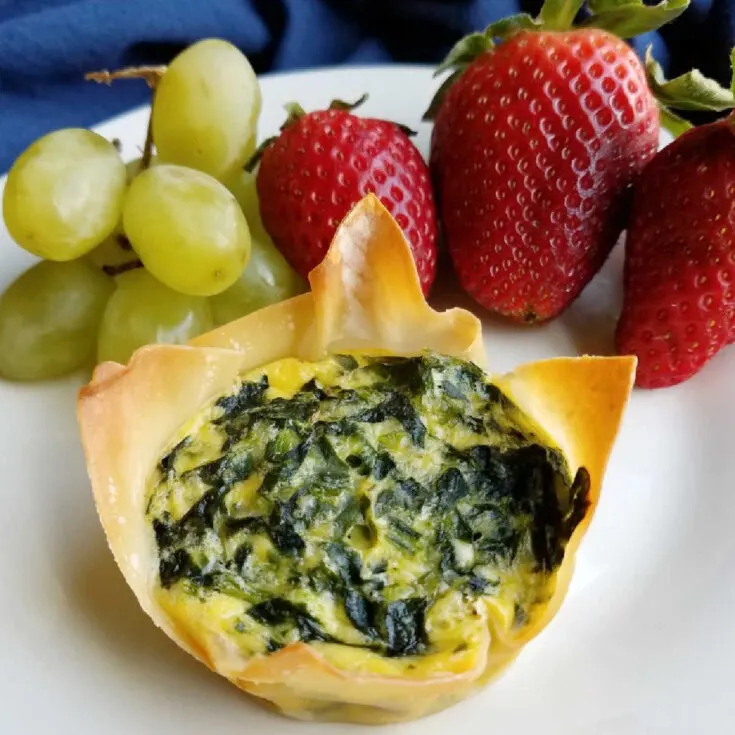 close up of mini spinach and cheese quiche in wonton wrapper with grapes and strawberries in background for breakfast.