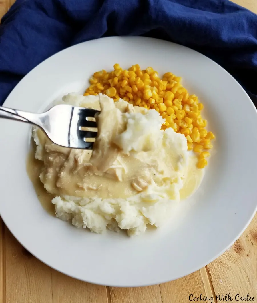 forkful of chicken and gravy with mashed potatoes.