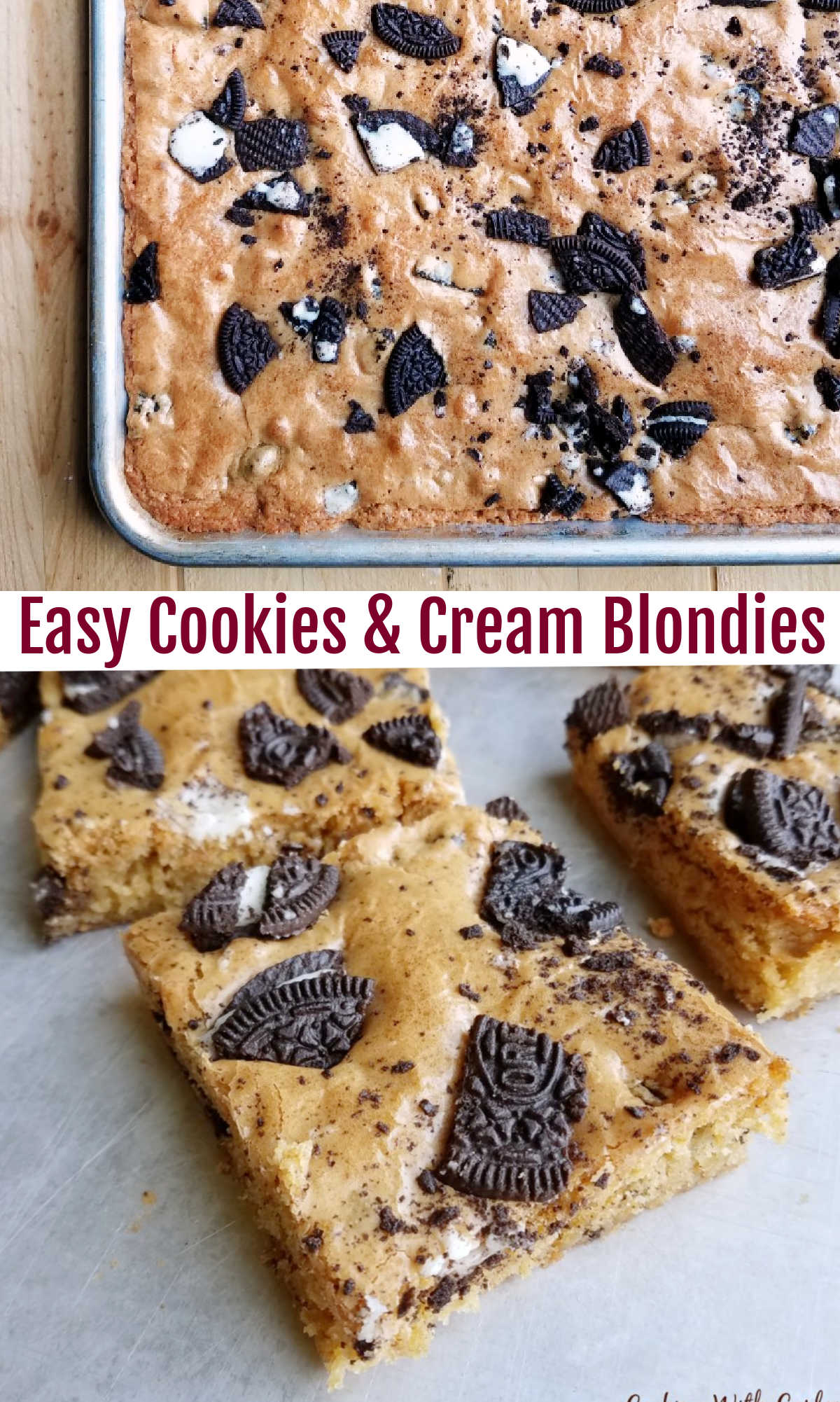 A nice big batch of brown sugary cookies and cream blondies is the perfect way to feed a crowd.  Bring them to your next potluck, BBQ or party and watch them disappear.
