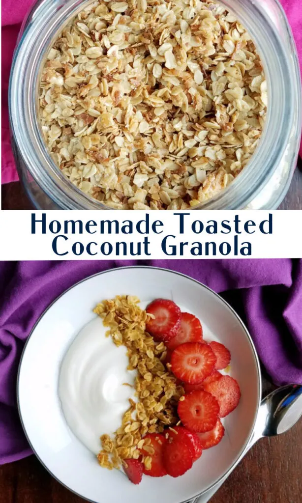 collage of homemade toasted coconut granola images