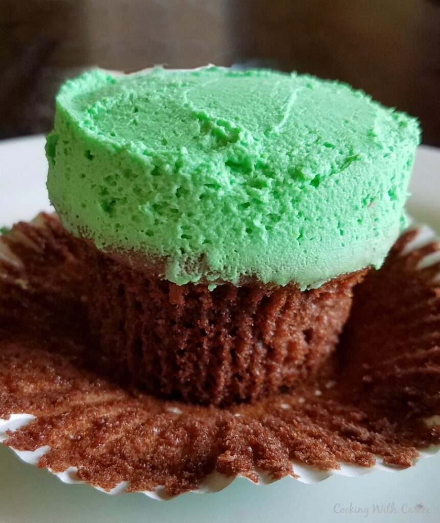 green frosting topped chocolate cupcake.