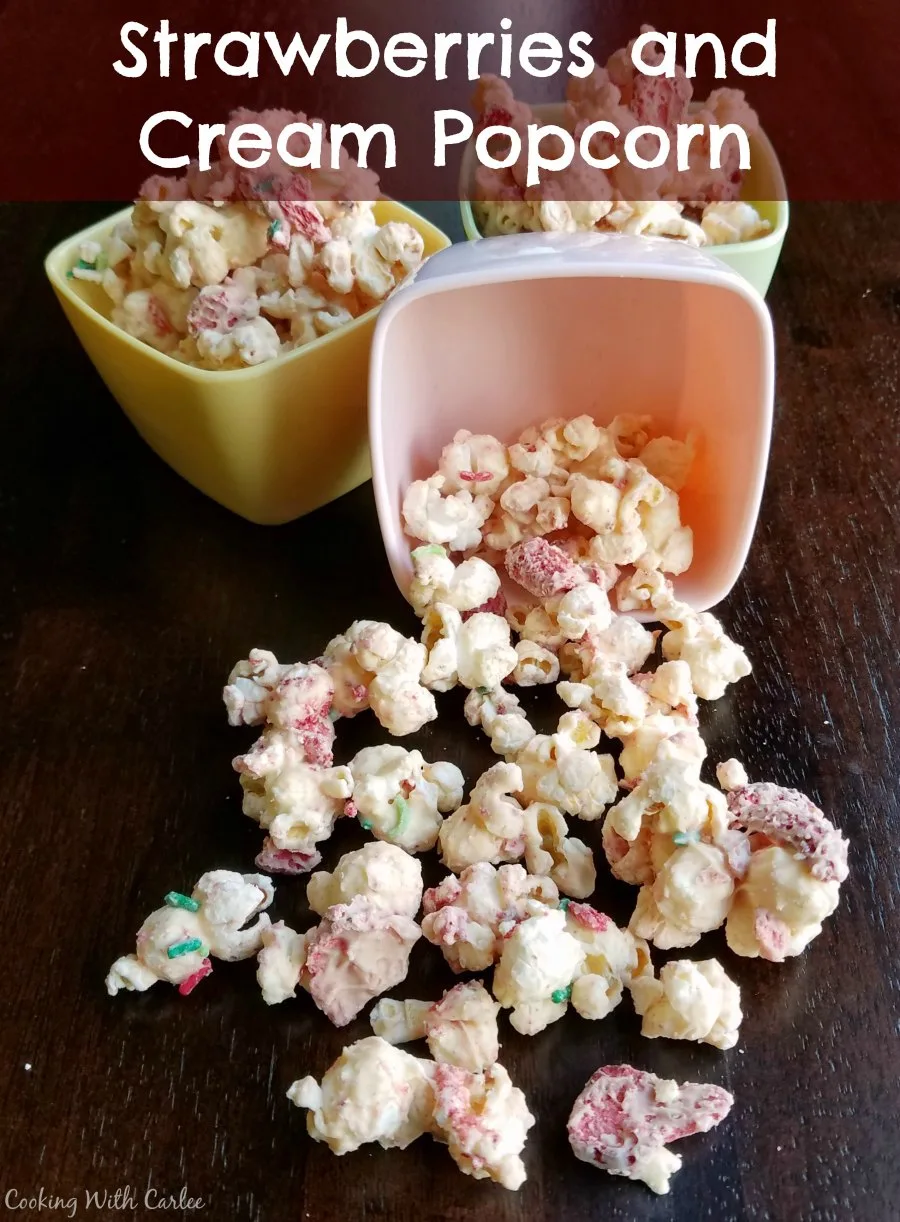 This quick and easy popcorn recipe is a fun munchy for parties. Strawberries and cream popcorn is especially fun in spring, but is great year round.