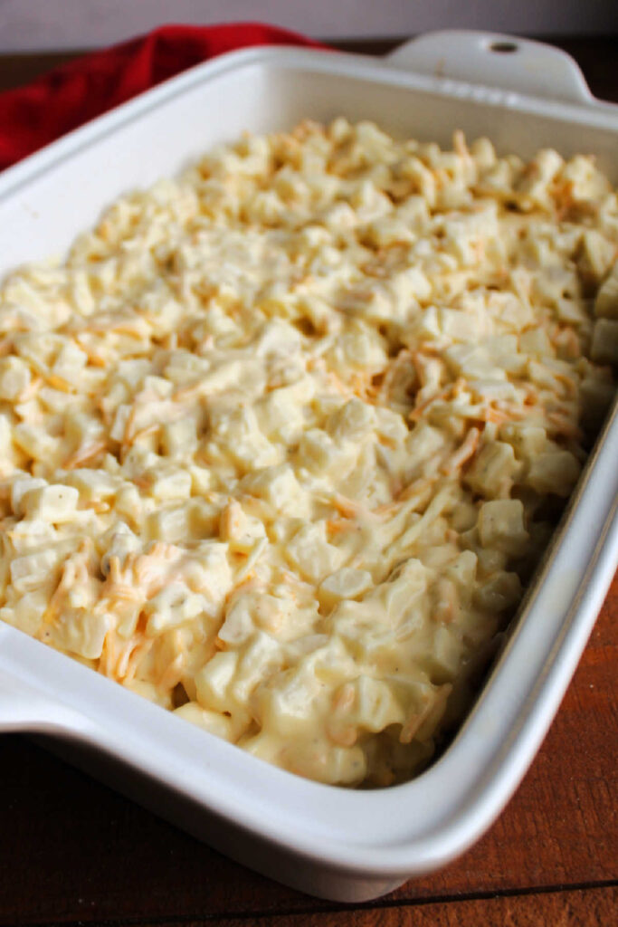 Diced potatoes mixed with ranch dressing, cheese and chicken soup layered in bottom of casserole dish.