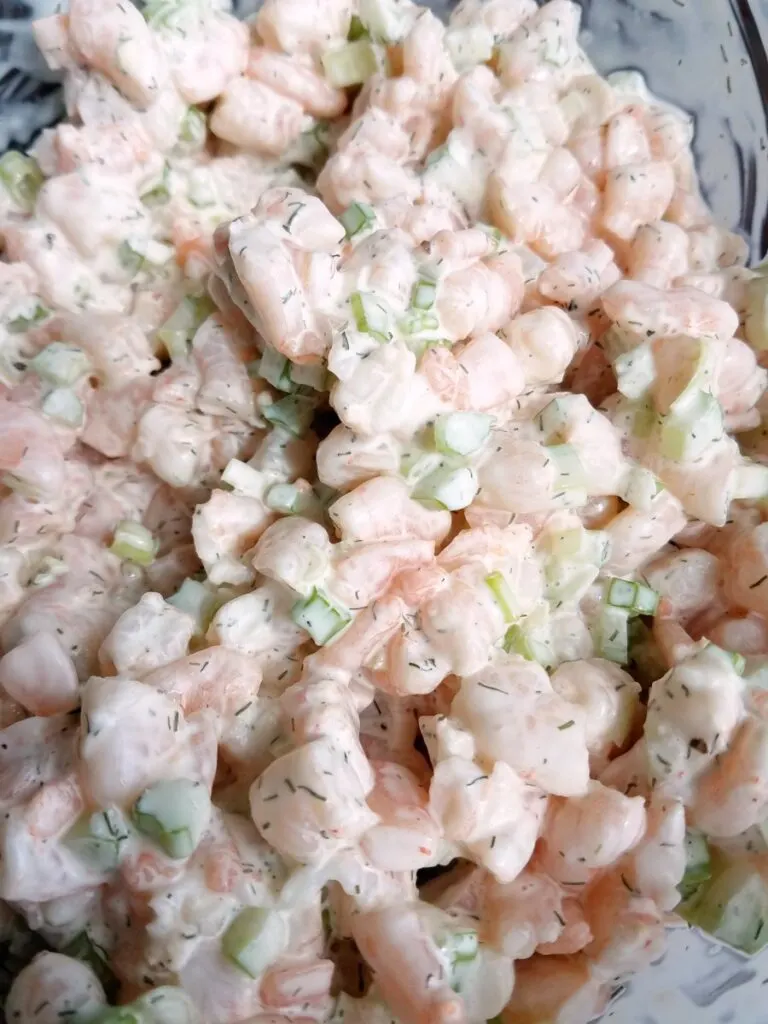 big bowl of shrimp salad.