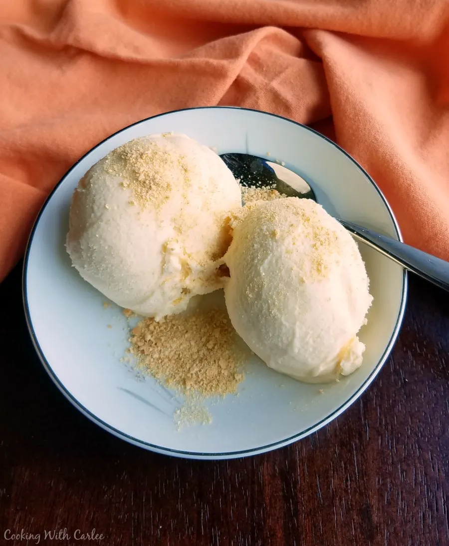 Bowl with two scoops of homemade orange ice cream topped with some graham cracker crumbs. 