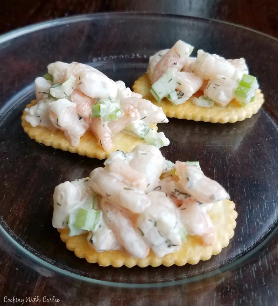 shrimp salad on crackers.