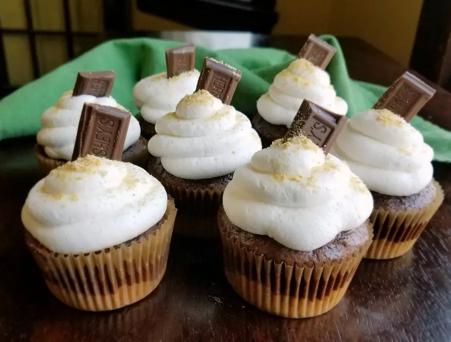 bunch of s'mores cupcakes with graham cracker crusts, chocolate cupcakes and toasted marshmallow frosting ready to eat