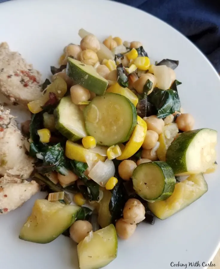 Summer vegetable mix on plate with chicken, ready to eat.