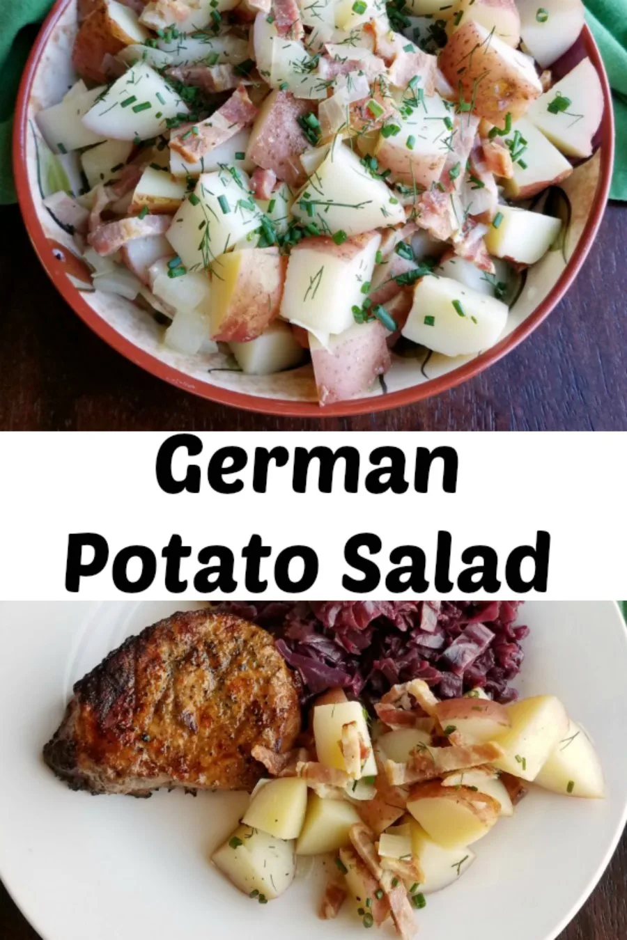 This simple German style potato salad is a great side dish all year long. It is best served warm or at room temperature and is isn’t loaded down with dressing. Don’t let that make you think it isn’t flavorful though. It has a little zing and plenty of bacon!