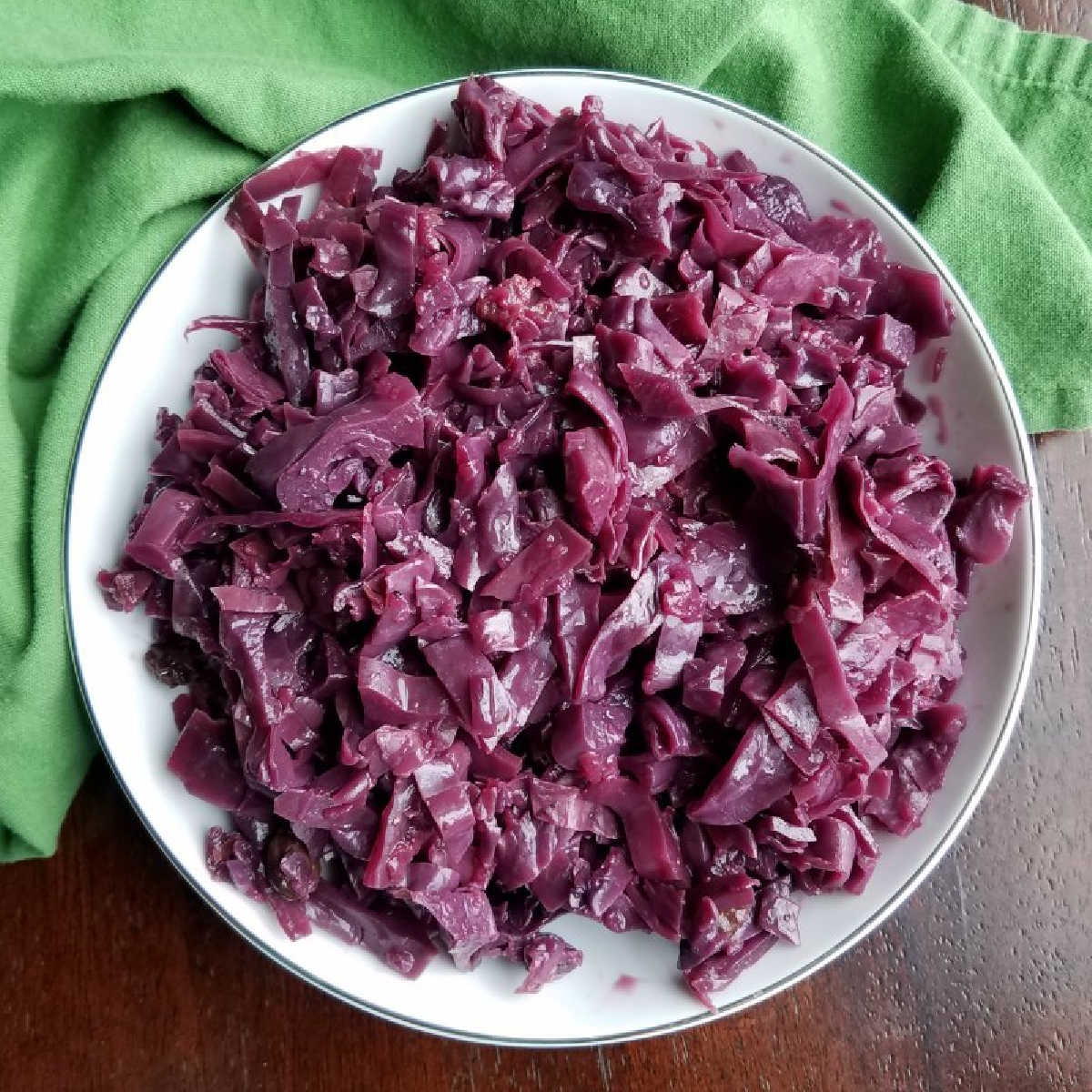 bowlful of braised red cabbage with apples and raisins.