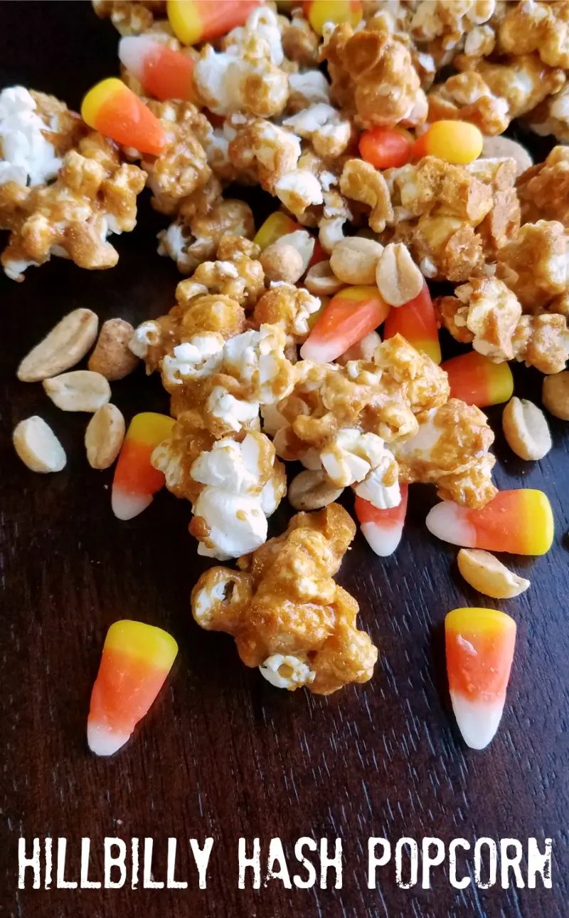 Sweet and salty crunch peanut popcorn with candy corn and peanuts for a fun version of hillbilly hash. A favorite fall treat just got upgraded! 